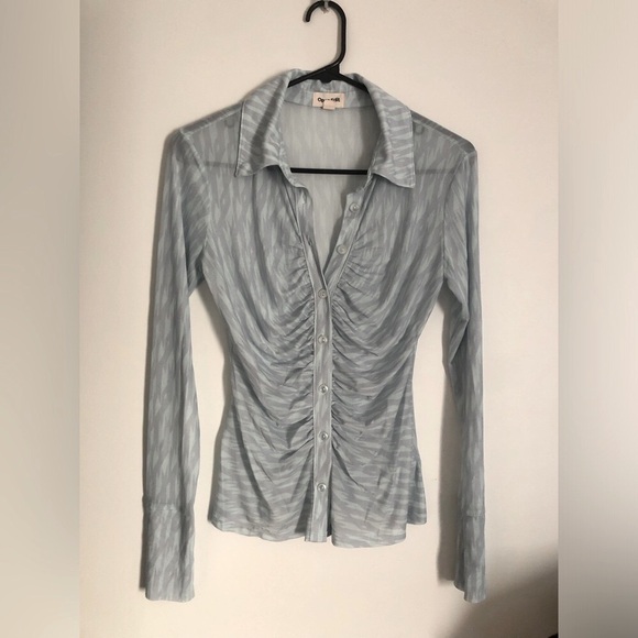 NWOT Open Edit button up mesh ruched top - Picture 1 of 4